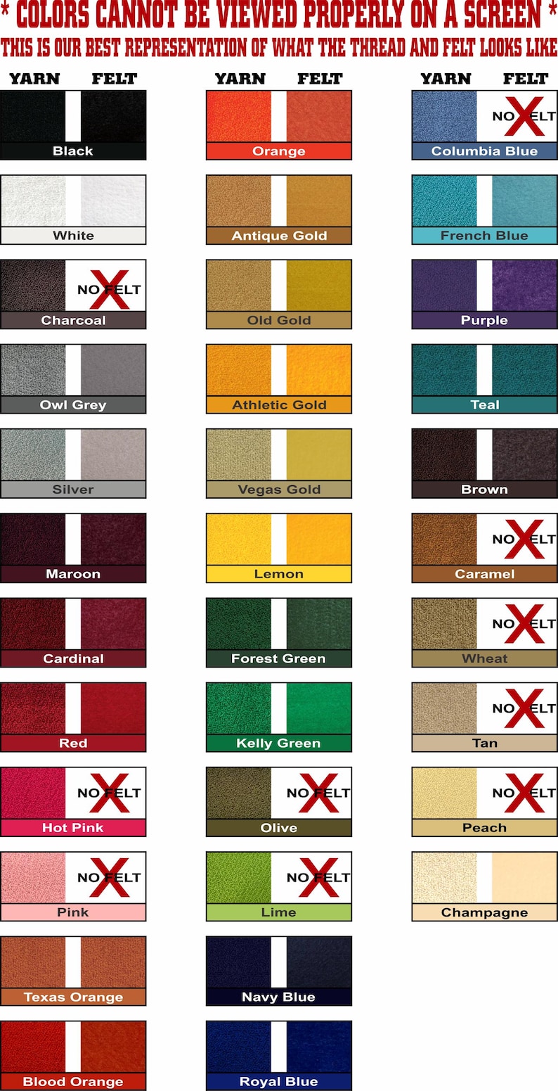 May include: A colour reference chart displaying various yarn and felt colour options. Each row features a colour name, a yarn sample, and a corresponding felt sample. Some felt samples are marked with a red X and the text NO FELT to indicate unavailability.