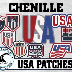 May include: A collection of chenille patches featuring the text USA in various designs, including shield shapes, a large layered USA graphic, and a wavy flag motif. The patches are red, white, and blue. A circular Coastal Embroidery logo is included.