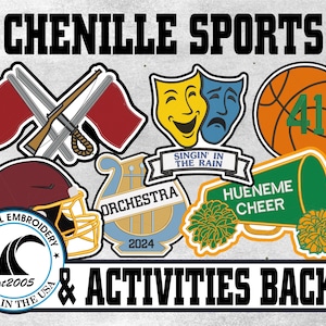May include: A collection of chenille patches featuring various designs including crossed flags and a rifle, theater masks with the text SINGIN' IN THE RAIN, a basketball with the number 41, a football helmet, a lyre, and a megaphone with pom-poms.