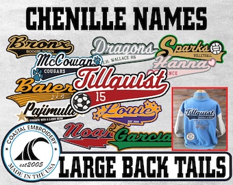 May include: A collection of chenille name patches featuring various team names like Bronx, Dragons, Sparks, McCowan, Baier, Tillquist, Pajimula, Louie, Noah, and Garcia. The patches include sports icons, text, and a blue jacket example with a back tail patch.