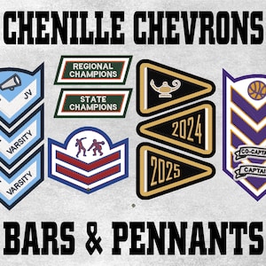 May include: A collection of chenille patches featuring the text CHENILLE CHEVRONS BARS & PENNANTS. The patches include light blue chevron bars with years and titles, rectangular patches with text, triangular pennants, and a purple shield patch.