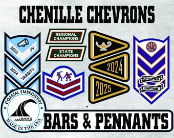 May include: A collection of embroidered chenille patches including chevron bars, triangular pennants, and shield-shaped emblems. The designs feature text such as REGIONAL CHAMPIONS, STATE CHAMPIONS, 2023, 2024, 2025, CO-CAPTAIN, and CAPTAIN, alongside icons like a megaphone, basketball, and a lamp.