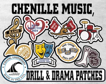 May include: A collection of embroidered chenille patches featuring musical, theatrical, and drill team themes. Designs include a treble clef, a heart, a drum set, comedy and tragedy masks, a French horn, and a boot. Text includes CHENILLE MUSIC, DRILL & DRAMA PATCHES.