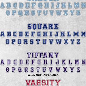 May include: A digital font reference sheet titled FONTS PG. 2 OF 3 displaying four alphabet styles: light blue Saloon, dark blue Square, purple Tiffany with a note stating WILL NOT INTERLOCK, and red Varsity. Each letter is presented in uppercase.