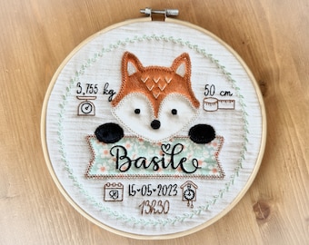 Embroidered and personalized drum frame baby fox birth