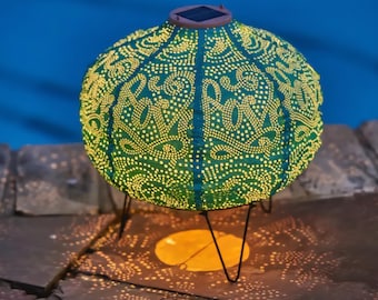Latarnia solarna w kolorze turkusowej dyni | Lampa ogrodowa wycinana laserowo w stylu marokańskim