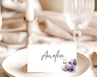 Fioletowe kwiatowe wizytówki ślubne: szablon wizytówki do druku (pobranie cyfrowe)