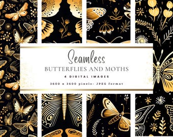 Złoty i czarny papier cyfrowy „Motyl Motyl”: gotycki wzór do scrapbookingu (pobierz JPEG)