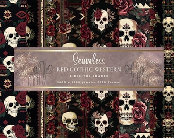 Gotycko-zachodni papier cyfrowy: Wzory czaszek i kwiatów (natychmiastowe pobranie)