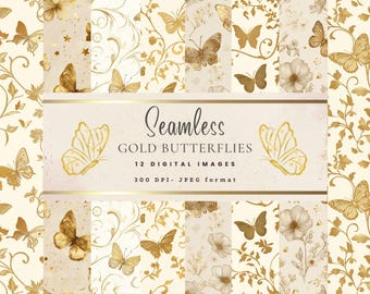 12 złotych motyli w formie papieru cyfrowego | Bezszwowe wzory motyli do scrapbookingu, zaproszeń, dekoracji pokoju dziecięcego, do natychmiastowego pobrania