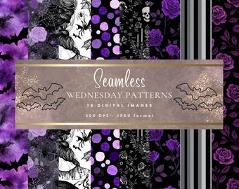 16 Środowy papier cyfrowy na Halloween, bezszwowy wzór na środę, papier do scrapbookingu do druku, przerażające ozdoby na Halloween DIY