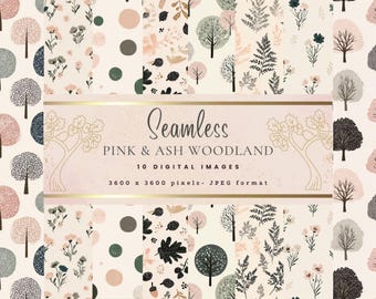 Papier cyfrowy Blush & Ash Woodland: bezszwowe wzory (natychmiastowe pobranie, 3600x3600 px JPEG)
