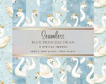 Princess Swan Digital Paper: Blue Seamless Patterns (Commercial Use, Instant Download)