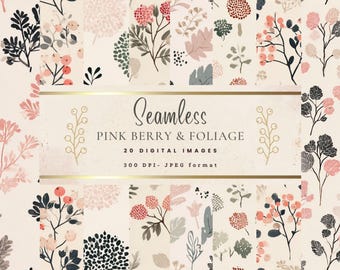 20 cyfrowych papierów z różowymi jagodami i liśćmi | Bezszwowe wzory jagód i liści do scrapbookingu, tworzenia kartek, dekoracji DIY, projektowania cyfrowego