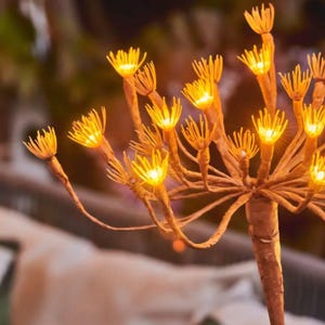 以下が含まれることがあります： 複数の茶色の茎と、花のような形をした明るい黄色のライトを備えた、装飾的で照らされた花の配置。温かみのある黄色のライトが、柔らかく魅力的な雰囲気を作り出しています。インテリアデコレーションに最適です。