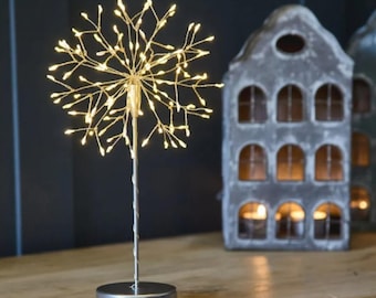 Srebrna lampa stołowa z dmuchawcem | Dekoracja świąteczna w kształcie gwiazdy zasilana bateriami, romantyczne oświetlenie stołu, 120 ciepłych białych diod LED