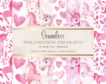 Cyfrowy papier z różowym jednorożcem: bezszwowe wzory serc (pobieranie cyfrowe)