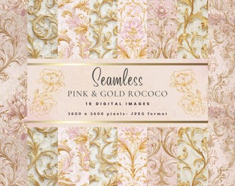 Cyfrowy papier w kolorze różu i złota w stylu rokoko: wzory kwiatowe do scrapbookingu (pobieranie cyfrowe 12 x 12 cali)