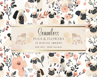 Cyfrowy papier „Pug and Flowers”: bezszwowe wzory do scrapbookingu (do użytku komercyjnego, do natychmiastowego pobrania)