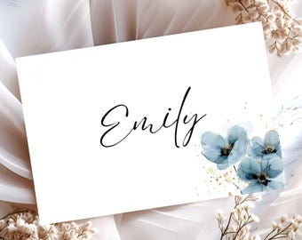 Szablon niebieskiej wizytówki ślubnej z motywem kwiatowym i wyborem posiłku (do pobrania w wersji cyfrowej)