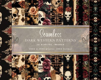 Ciemny papier cyfrowy Western: bezszwowe wzory czaszek i kwiatów (pobranie cyfrowe)
