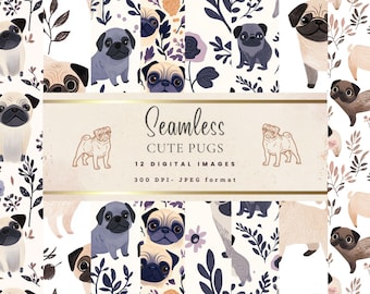12 uroczych cyfrowych papierów z motywem mopsa – bezszwowe, gotowe do druku, natychmiastowe pobranie, papier do scrapbookingu do użytku komercyjnego