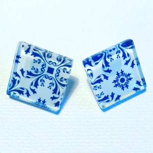 Glass Tile Studs, handmade pieces, one of a kind, small square earrings, minimalist jewellery, different colours and pattern, azulejos style