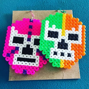 Little Warrior Earrings, handmade, bead art, Mexican inspired, Lucha Libre, lightweight, big, colourful, pixel, happy to customise for you