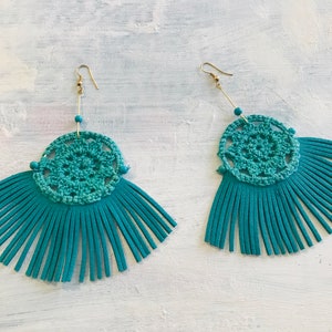 Dreamcatcher Earrings/one of a kind jewellery/handmade willow hoops/turquoise embroidery&tassels/hand sewn/playful/long statement earrings