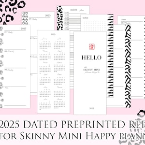 May include: A collection of undated planner inserts for 2025, featuring a minimalist design. The inserts include weekly, monthly, and yearly calendars, along with note pages. The text "HELLO" is displayed on one insert. The background is pink with black and white leopard print.