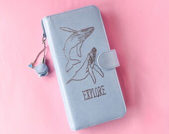 Whales Skinny Mini happy planner holder & Seashore dated 2024 Skinny Mini planner, faux leather travel holder “Explore”