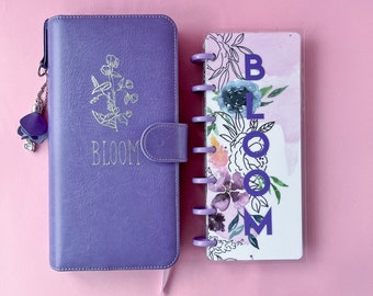 Violet Skinny Mini happy planner holder "Bloom" & purple dated 2024 Skinny Mini planner, faux leather travel holder