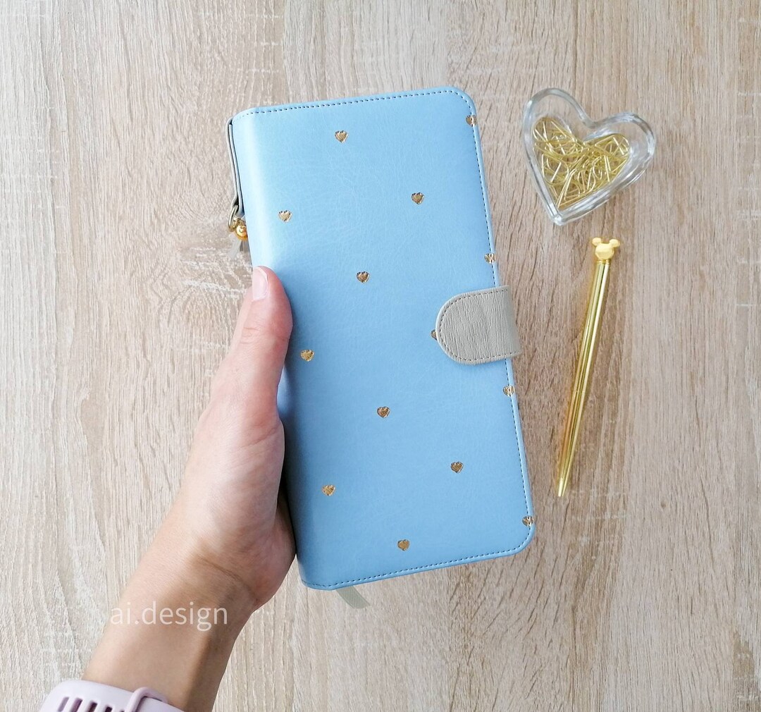 The Skinny Mini Happy Planner Cover, Light Blue Holder With Gold Hearts