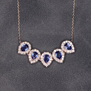 Blue Sapphire Necklace Pendant - Pear Shape Sapphire with Natural Diamonds