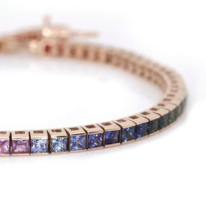 Regenbogen Saphir 14K Gelbgold Armband - Princess Cut - Natürliche Quadratische Saphire, Tennisarmband, Bunte Armband Edelsteine