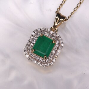 Emerald Pendant with Natural Diamonds, 18K Yellow Gold, Colombian Emerald Necklace