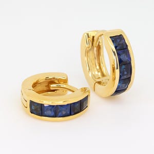 Blue Sapphire Earrings Huggies - 14K Gold Natural Sapphire Hoop