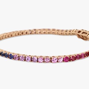 Rainbow Sapphire Gold Tennis Bracelet - Round Natural Sapphires, Solid 14K Gold, 2mm, Colorful Gemstones Bracelet - Anniversary Gift