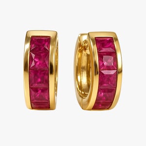 14K Gold Ruby Huggies Earrings - Natural Ruby Hoop