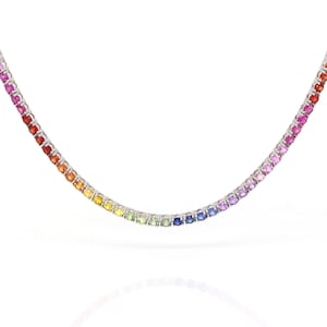 Rainbow Sapphire Necklace Tennis - Solid Gold & Round Sapphires - Natural Multi Color Gemstone Chain, Colorful Gemstones