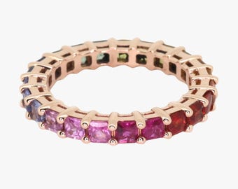 18K Gold Rainbow Sapphire Eternity Ring: Princess Cut Gemstone Band