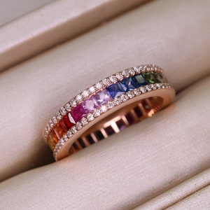 18K Gold Rainbow Sapphire & Diamonds Eternity Ring, Princess Cut Multi Color Multi Stone Natural Sapphire Band