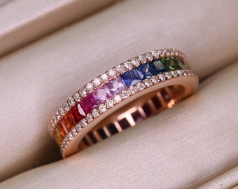 18K Gold Rainbow Sapphire Diamond Eternity Ring: Princess Cut Band