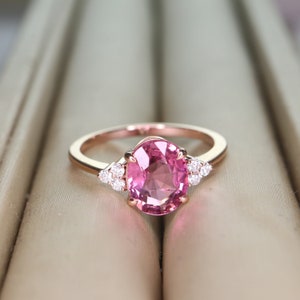 14K Rose Gold Pink Tourmaline Ring with Diamonds - Gemstone Solitaire Ring