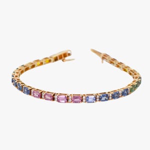 Natural Rainbow Sapphire & Diamond Tennis Bracelet - Emerald Cuts - Natural Multi Color Gemstone, Solid 14K 18K Gold