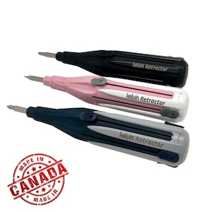 May include: Three Kelvin Retractor screwdrivers in black, pink, and navy blue. Each screwdriver has a silver bit and the text "Kelvin Retractor" printed on the side. The image includes a "Made in Canada" stamp.