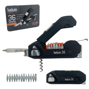 Può includere: Multi-utensile nero con la scritta "kelvin.36" e un set di 36 utensili. L'utensile include un cacciavite, un cavatappi e varie punte. È inclusa anche una scheda con la scritta "kelvin TOOLS 36 tools".