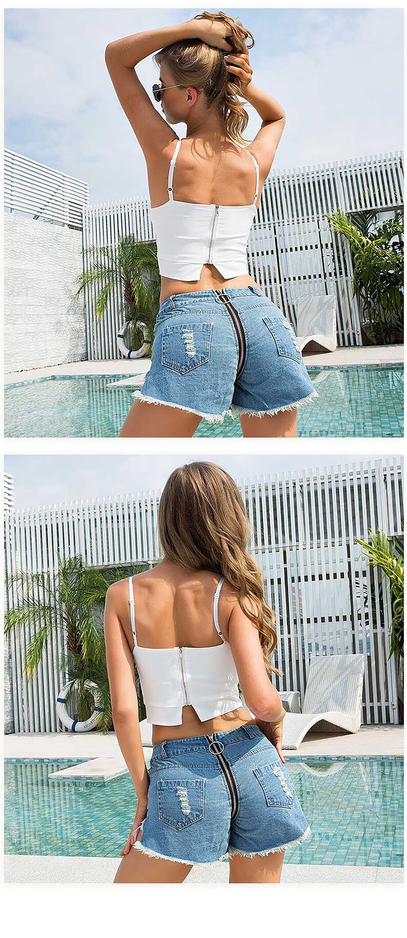 Hot Sexy Jeans Shorts Women Front Back Zipper Jeans High Waist Shorts Night Club Womens Sexy Shorts Lace Patch image 4