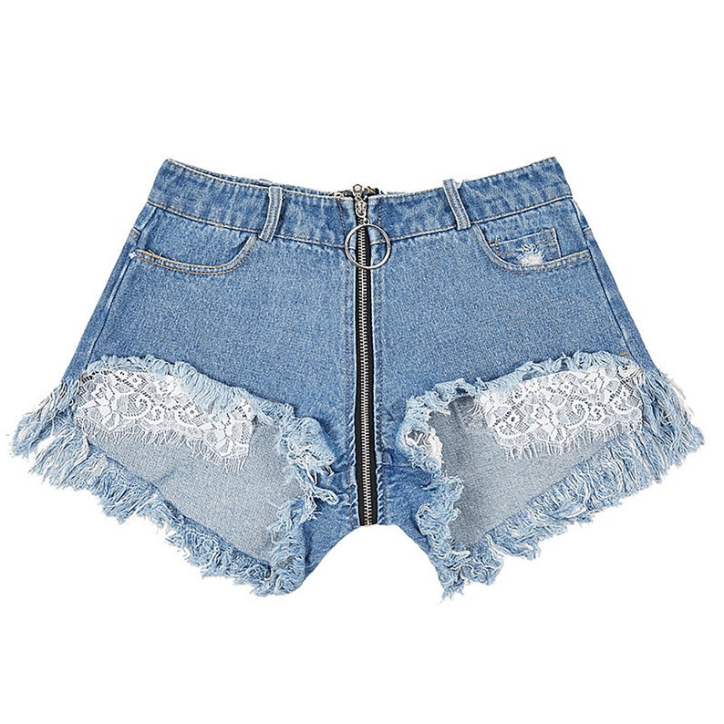 Hot Sexy Jeans Shorts Women Front Back Zipper Jeans High Waist Shorts Night Club Womens Sexy Shorts Lace Patch image 8