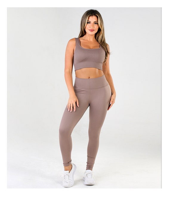 2 Piece Striped Yoga Set Beige / Pink Workout Set 